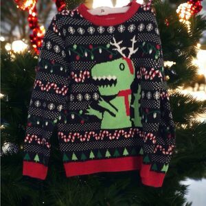 Ugly Christmas Sweater Dinosaur snow candy cane lights Medium M warm
